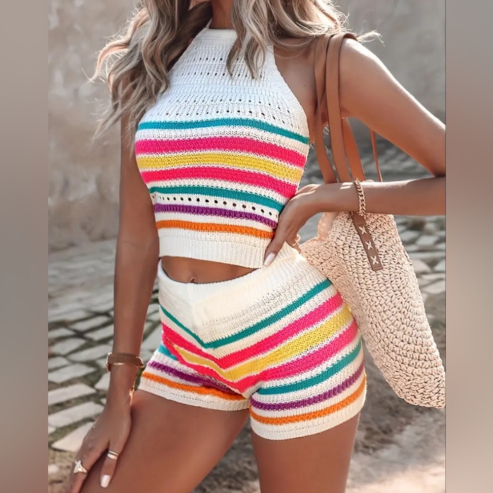 New Chic Halter Neck Slim Fit Knitted Shorts Set - Vibrant Striped..